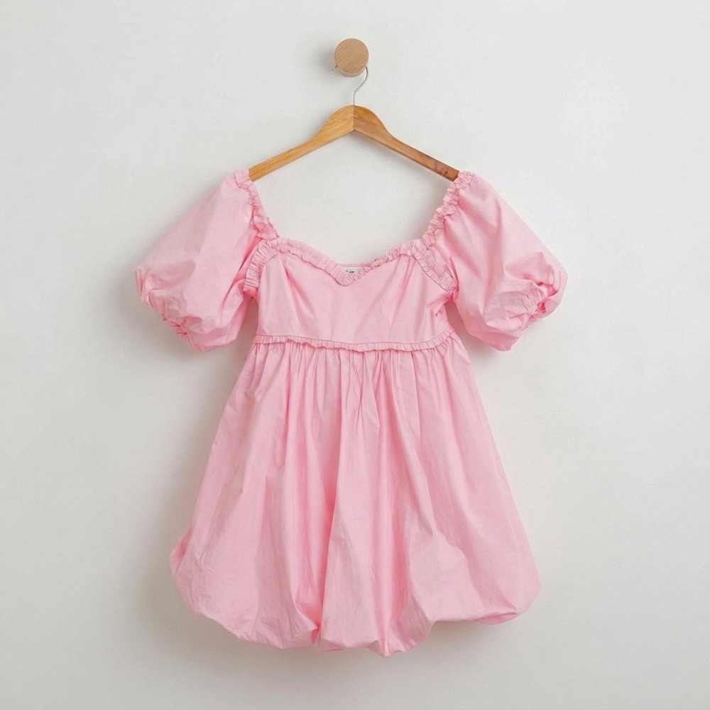 LENA Coquette Pink Bubble Hem Mini Dress Puff Sleeve Balletcore Size M Pastel